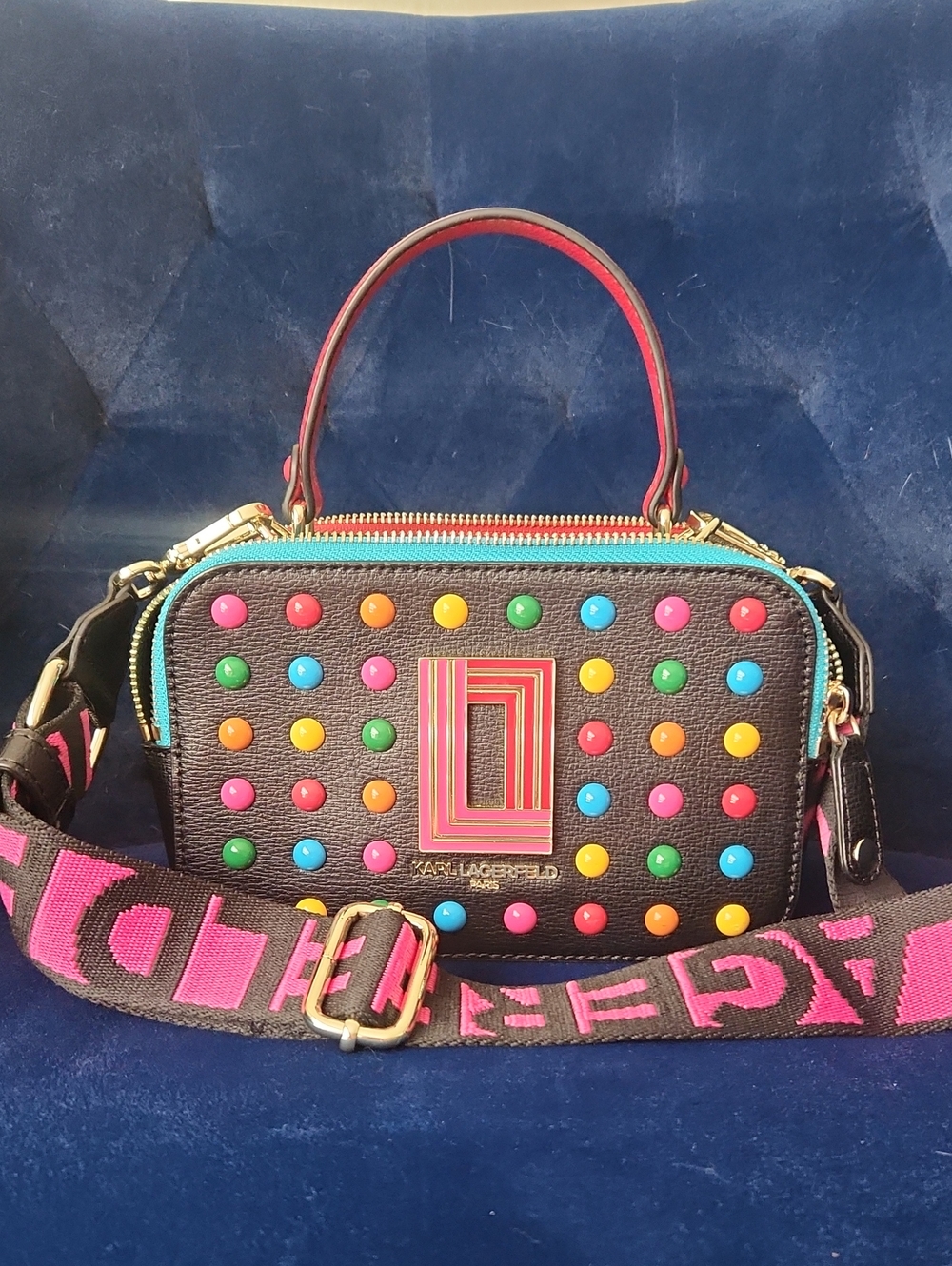 Karl Lagerfeld Black Studded Crossbody Bag with Pink Accent